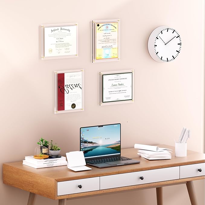 Acrylic Picture Frame for Wall, Clear Diploma Frame, No Drill Floating Frameless Photo Frame for Diploma Certificate Degree Document & Artworks Display, Graduation Gift for Students(2 Pack, 8.5X11 Straight edge)