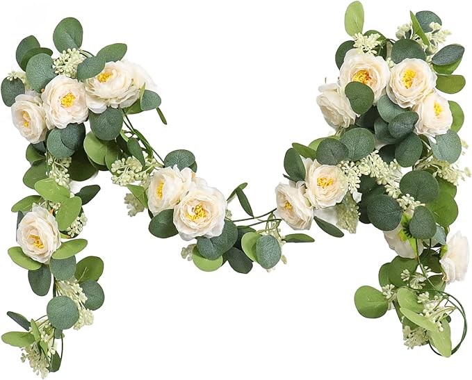 MAKHOT 2PCS 6.6Ft Artificial Eucalyptus Garland, Green Vines and Champagne Artificial Roses Combined to Form an Artificial Rose Garland for Wedding, Table, Party, Fireplace, and Home Decor.