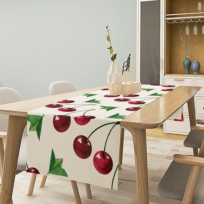 Red Cherry Table Runner Watercolor Tropical Fruit Spring Summer Wild Berry Dinner Runner for Girl Baby Party Holiday Home Kitchen Dining Table Decor 13x36