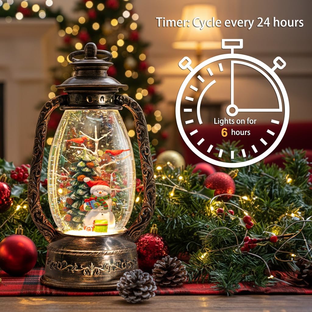 12" Christmas Snow Globe Lantern, Musical Snowman Snow Globes, Indoor Home Christmas Decor, Battery or USB Powered, with 6-Hour Timer, Christmas Decorations