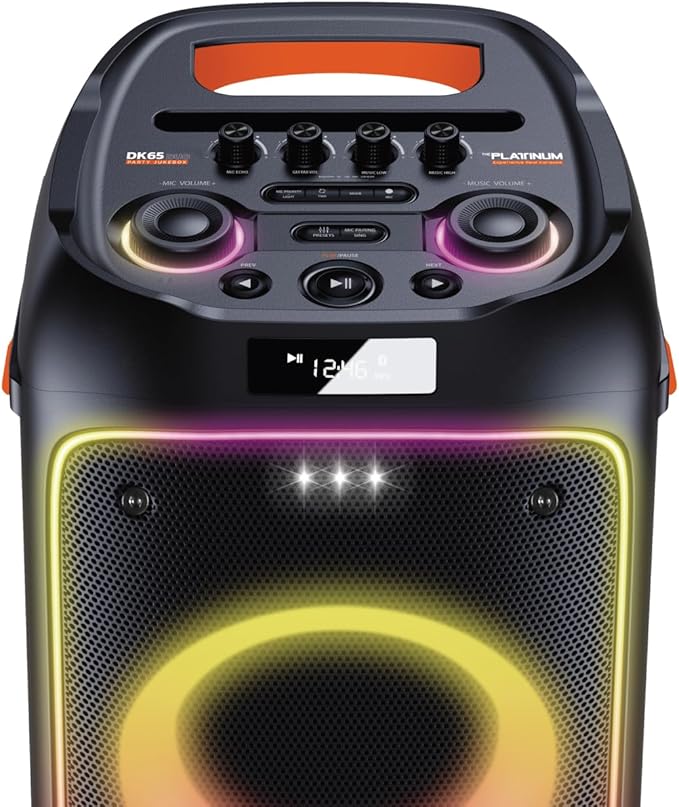 The Platinum DK65 Bluetooth Party Speaker, Karaoke Machine for Adults with 2 Wireless Microphones and Powerful bass & subwoofer, RGB Lights, Features Over 23k Songs for Outdoor & Home