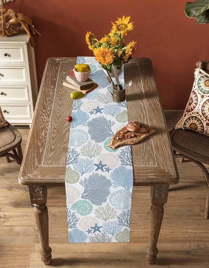 Coastal Coral Cotton Linen Table Runner for Dining Kitchen, Wedding Outdoor Party Tablerunners Decoration, Blue Nautical Starfish Ocean Shell Beach Dresser Scarf Coffee Tablecloth Runners 13x60 Inches