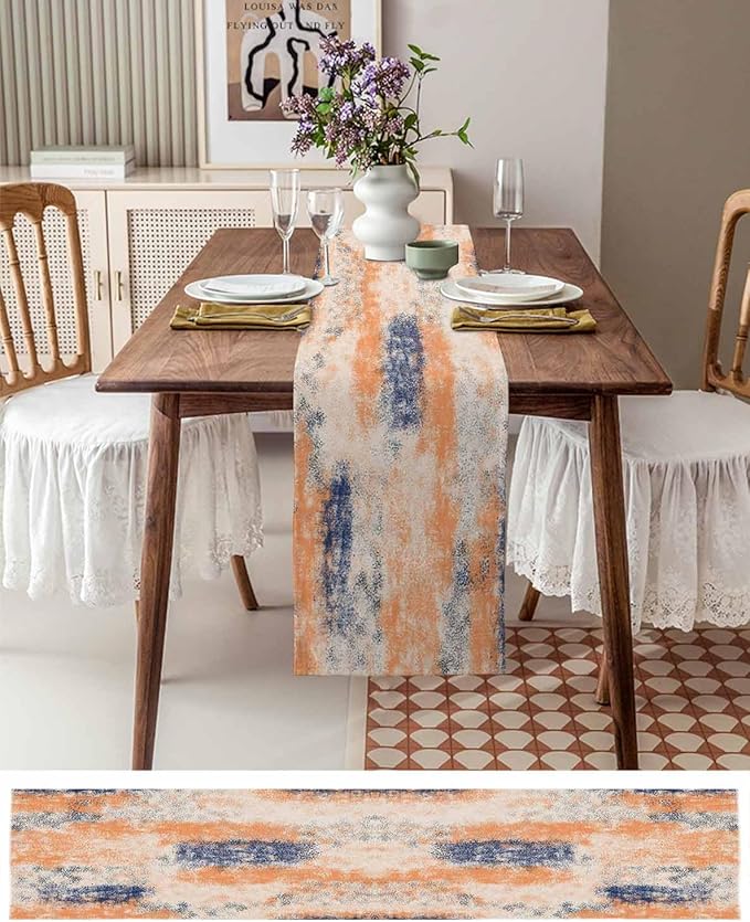 Vintage Oil Painted Cotton Linen Table Runner for Dining Kitchen, Wedding Outdoor Party Tablerunners Decoration, Abstract Modern Orange Minimalist Dresser Scarf Coffee Tablecloth Runners 13x60 Inches
