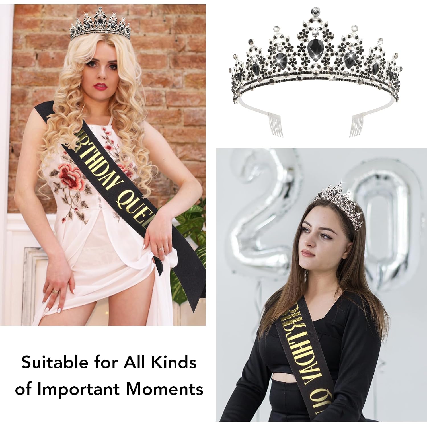 CAVETEE Black Birthday Headband for Women， Birthday Queen Crown and Sash Black Party Decorations for Women