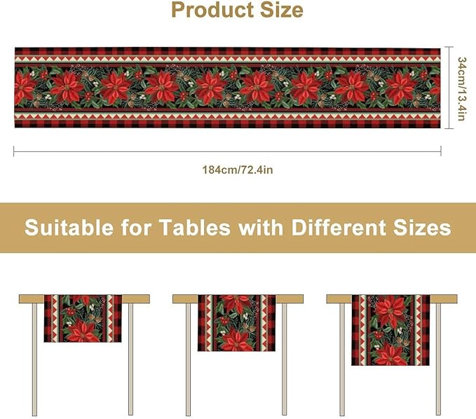 Christmas Table Runner,Seasonal Winter Xmas Holiday Plaid Table Cloth Kitchen Dining Table Decoration for Home Party Decor 13x36 Inch