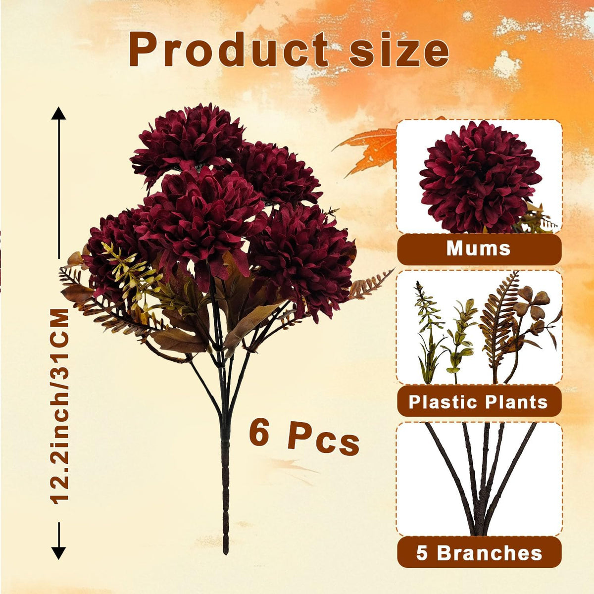 6 bundles artificial fall mums flowers fake silk, close-up detail