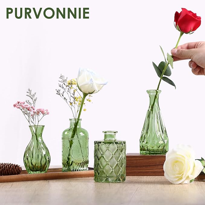 Vintage Small Glass Vases Set of 10,Mini Bud Vases for Flowers,Amber Glass Vases for Centerpieces,Wedding Decorations,Home Table Flower Decor (Hunt Green)