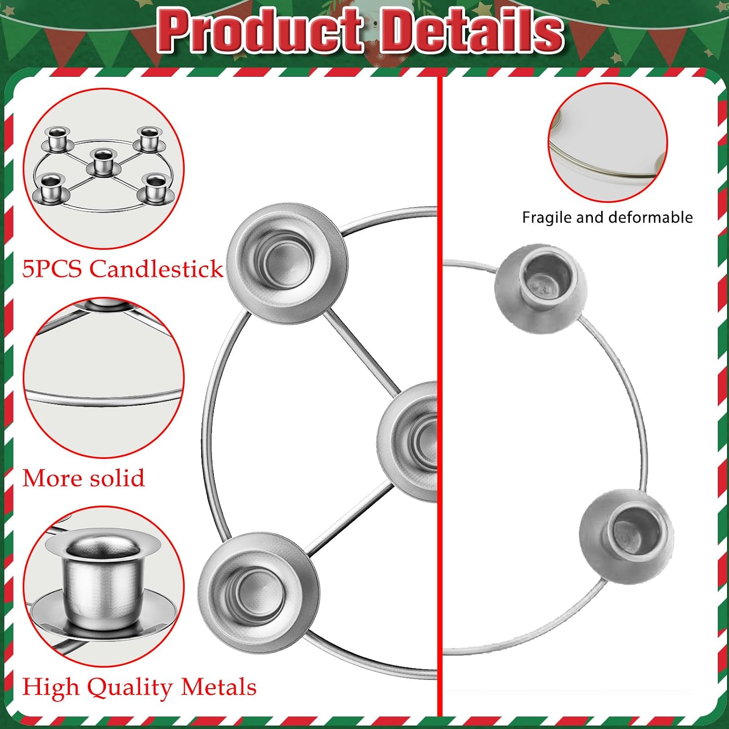 Advent Wreath 5 Candle Holder, Christmas Candle Rings Candle Holder for Tapered Advent Candles, Advent Wreath Ring Table Decoration for Christmas Advent Festival Home Party Church, Silver(No Candles)