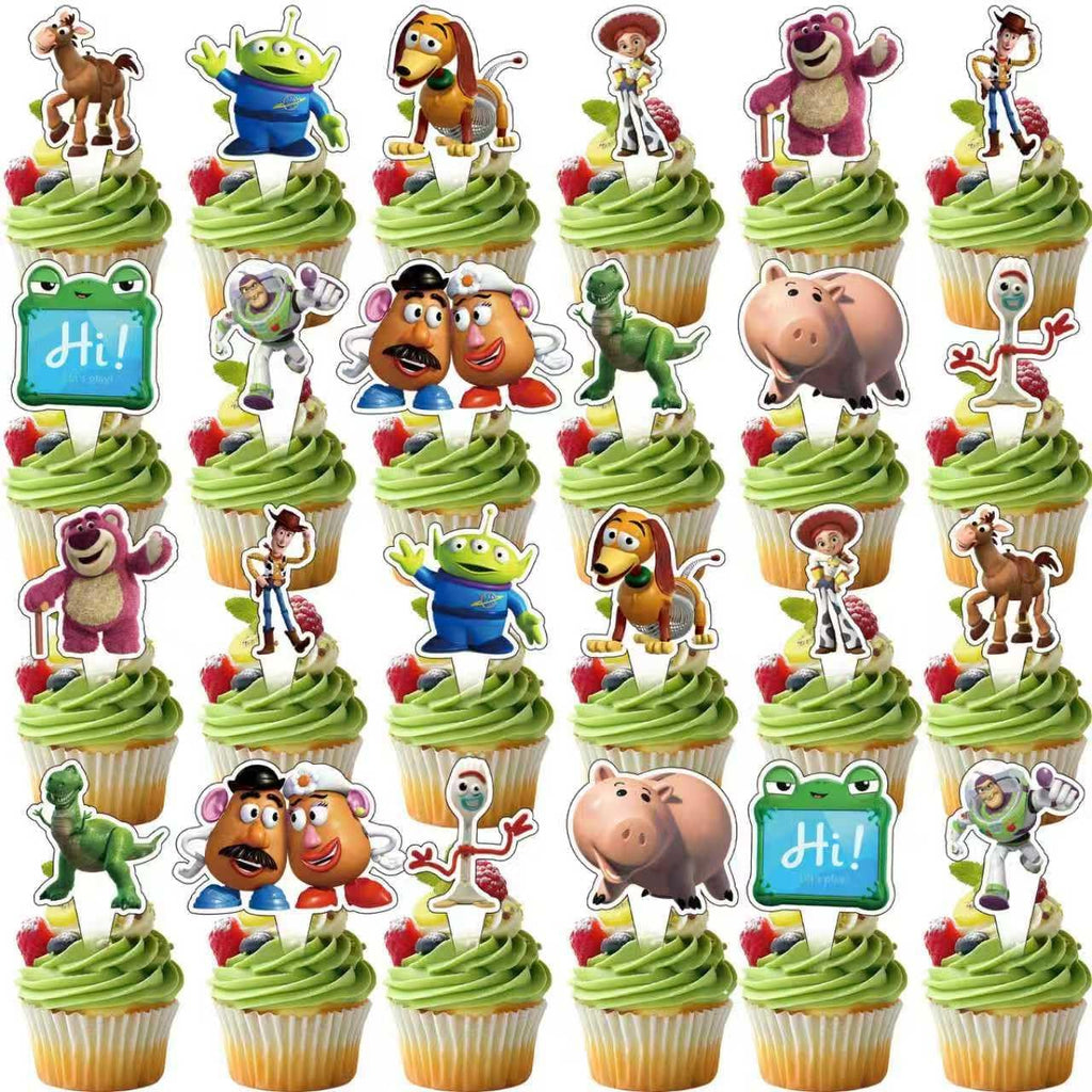 25Pcs For Toy Story Cake Decorations with 24pcs Cupcake Toppers, 1pcs Happy Birthday Cake Topper, Cartoon Themed Party Supplies, Perfect for Birthday Party Decorations
