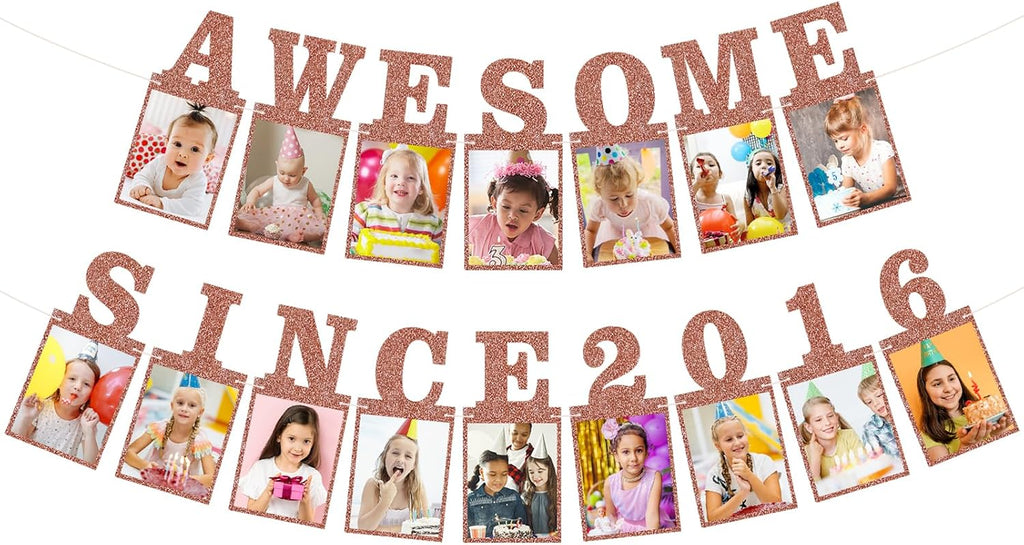 Pre-strung Awesome Since 2016 Photo Banner Birthday Decorations for Girls Women- Pink Rose Gold Glitter Happy 10th Birthday and Anniversary Decorations Party Supplies