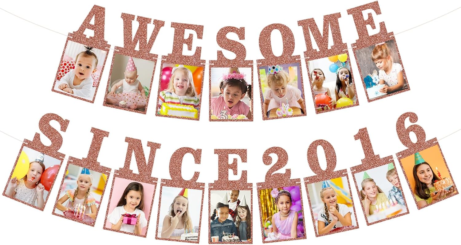 Pre-strung Awesome Since 2016 Photo Banner Birthday Decorations for Girls Women- Pink Rose Gold Glitter Happy 10th Birthday and Anniversary Decorations Party Supplies