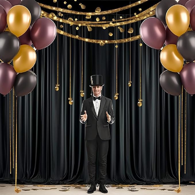 10 ft x 8 ft Wrinkle Free Black Backdrop Curtain for Parties, Polyester Black Photo Backdrop Drapes for Graduation Birthday Wedding Party Stage Curtains