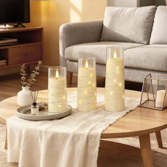 Raycare Flameless Candle with Remote Timer, 7 Flickering Acrylic Battery Operated LED Pillar Candles with Embedded Star String for Halloween, Home Decor, and as a Gift(Ivory)