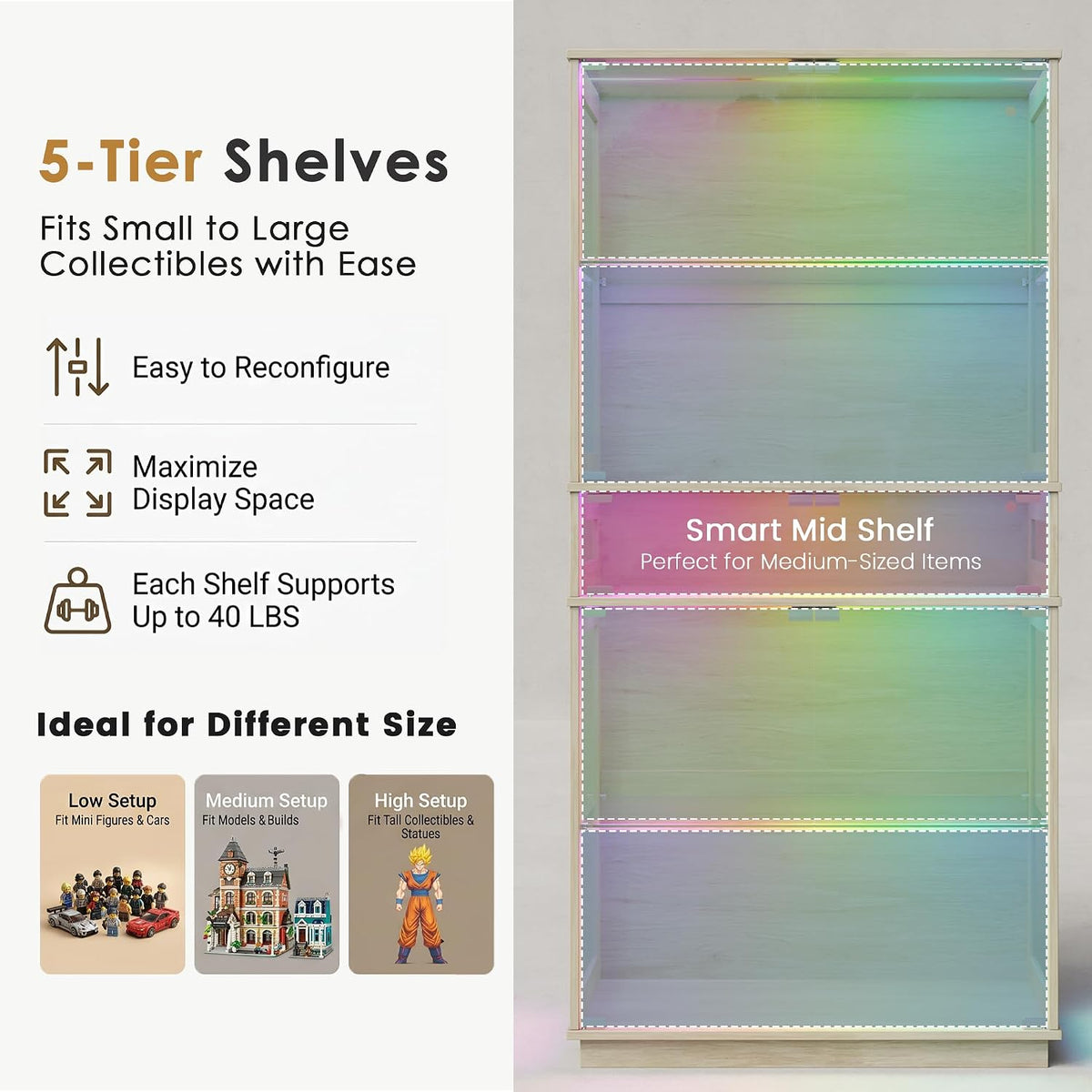 65" h rgb display cabinet with glass doors showing dimensions