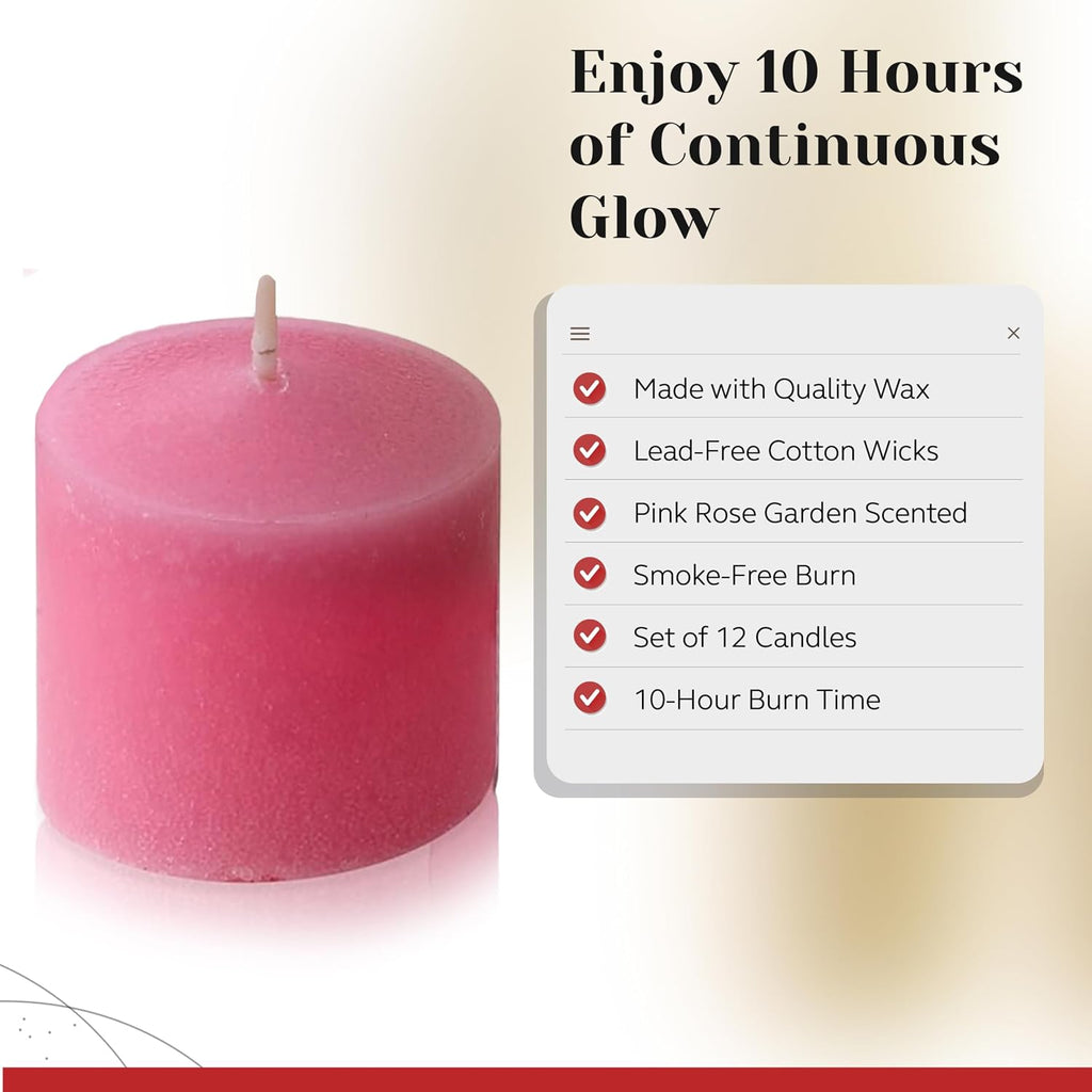 Pink Rose Garden Scented Votive Candles, Set of 12-1.25" Wax Candles for Home, Scented 10 Hour Burn Time - Aromatherapy, Spa Ambiance, Table Centerpieces & Home Décor