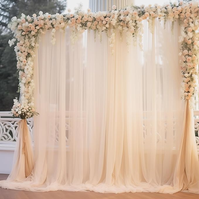 20x10 Champagne Tulle Backdrop Curtains for Parties, Sheer Backdrop Curtain Wedding Photo Backdrop Drapes for Baby Shower Photography Birthday Party