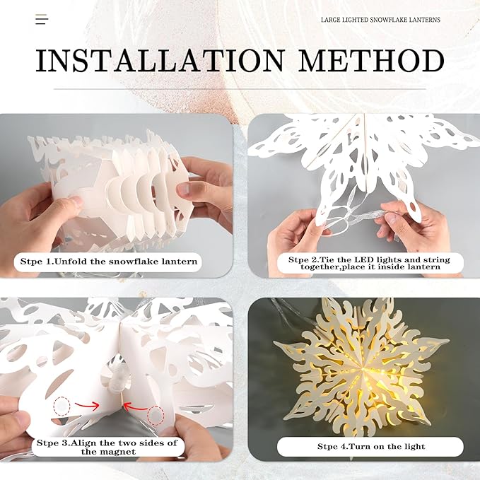 10 Pcs Christmas Paper Snowflake Lanterns, Large Christmas Paper Star Lanterns with LED Lights White Hanging Snowflake Lamp Ornaments for Xmas Winter Frozen Weddings Birthday Holiday Party Decorations