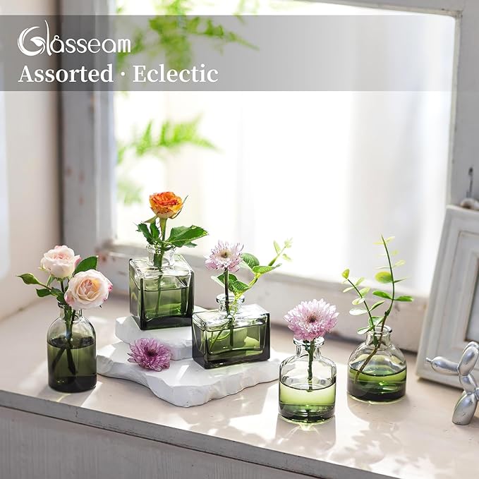 Glasseam Bud Flower Vases in Bulk: 40 Glass Cute Small Vases for Centerpieces Vintage Mini Wedding Birthday Party Table Centerpieces Tiny Baby Shower Dining Room Decoration Green