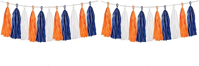 15PCS Navy Blue Orange White DIY Party Tassel Garland Paper Banner Streamer Backdrop for Graduation Astros Birthday Wedding Baby Shower Nursery Classroom Garland Tassel Hanging Decoration (Pack of 2)