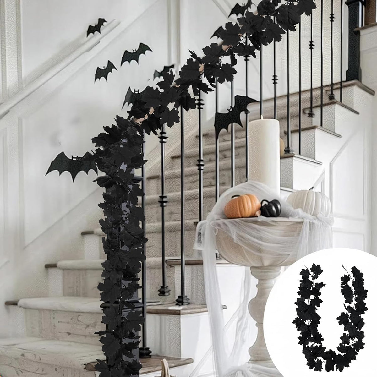48ft black halloween garland 8pcs maple leaf, table on a desk or shelf