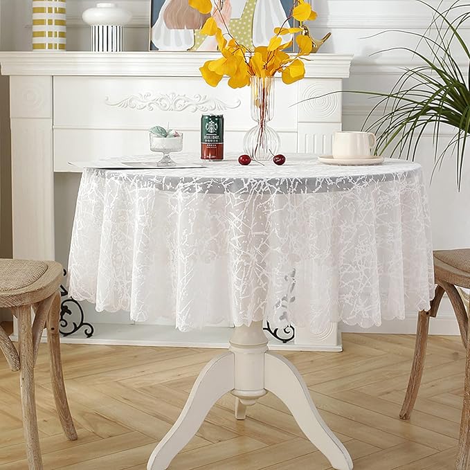 Jeloris Round Lace Tablecloth with Elegant Scalloped Bottom for Any Special Event Such as Wedding, Birthday Party, Baby Shower, Anniversary (48 inch, Style 3)