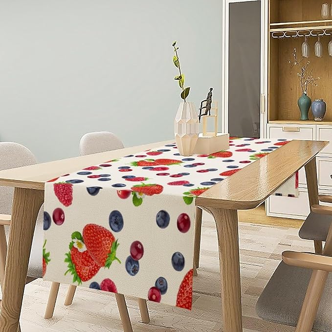 Strawberry Table Runner Spring Summer Fruit Wild Berry Forest Garden Dinner Runner for Farmhouse Party Holiday Home Kitchen Dining Table Decor 13x90