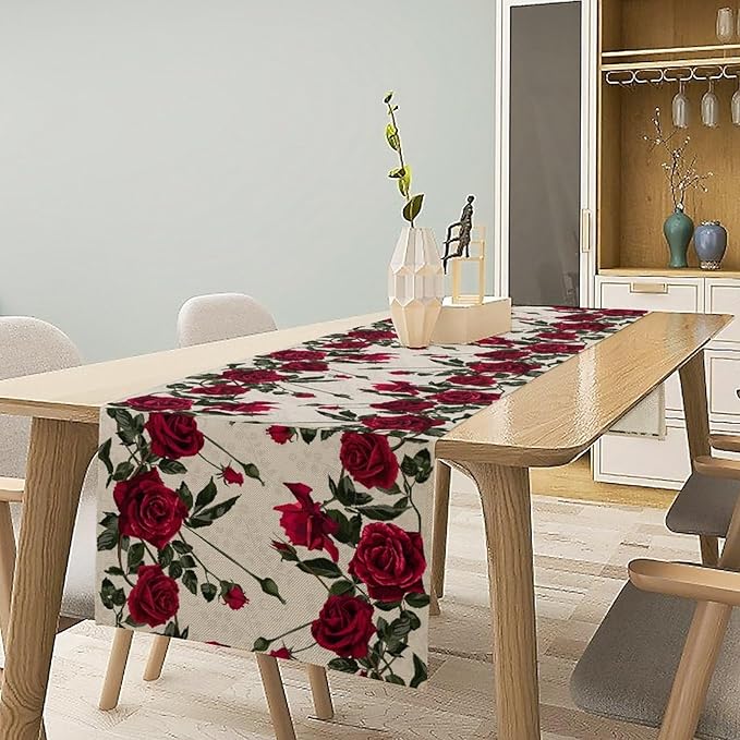 Rose Table Runner, Retro Red Rose Flowers Green Leaves Valentine's Day Kitchen Dinning Table Runner for Indoor Outdoor Home Wedding Party Holiday, 13x90 Inch