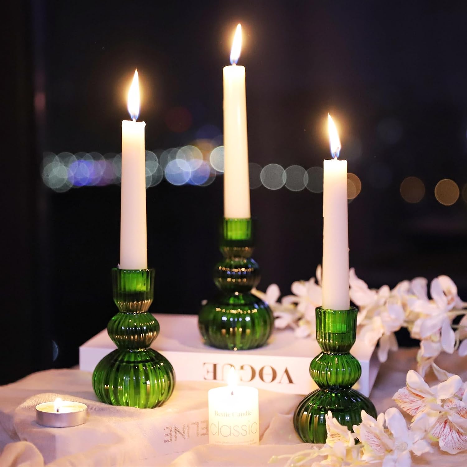 Woho Candlestick Holders Set of 6 for Christmas Decorations, 4.3" Ribbed Glass Taper Candle Holders for Spring Wedding Table, Vintage Candle Sticks Holder Decor for St. Patrick's Day/Daily Home Decor