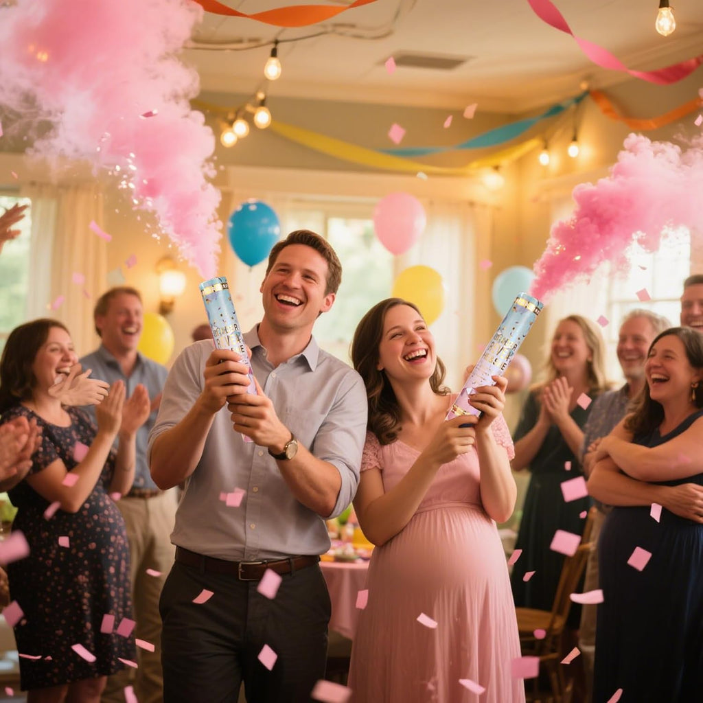 Previvo Gender Reveal Confetti Powder Cannon - 2 Pack Pink Baby Gender Reveal Poppers - 100% Biodegradable Powder Smoke - Baby Party Supplies
