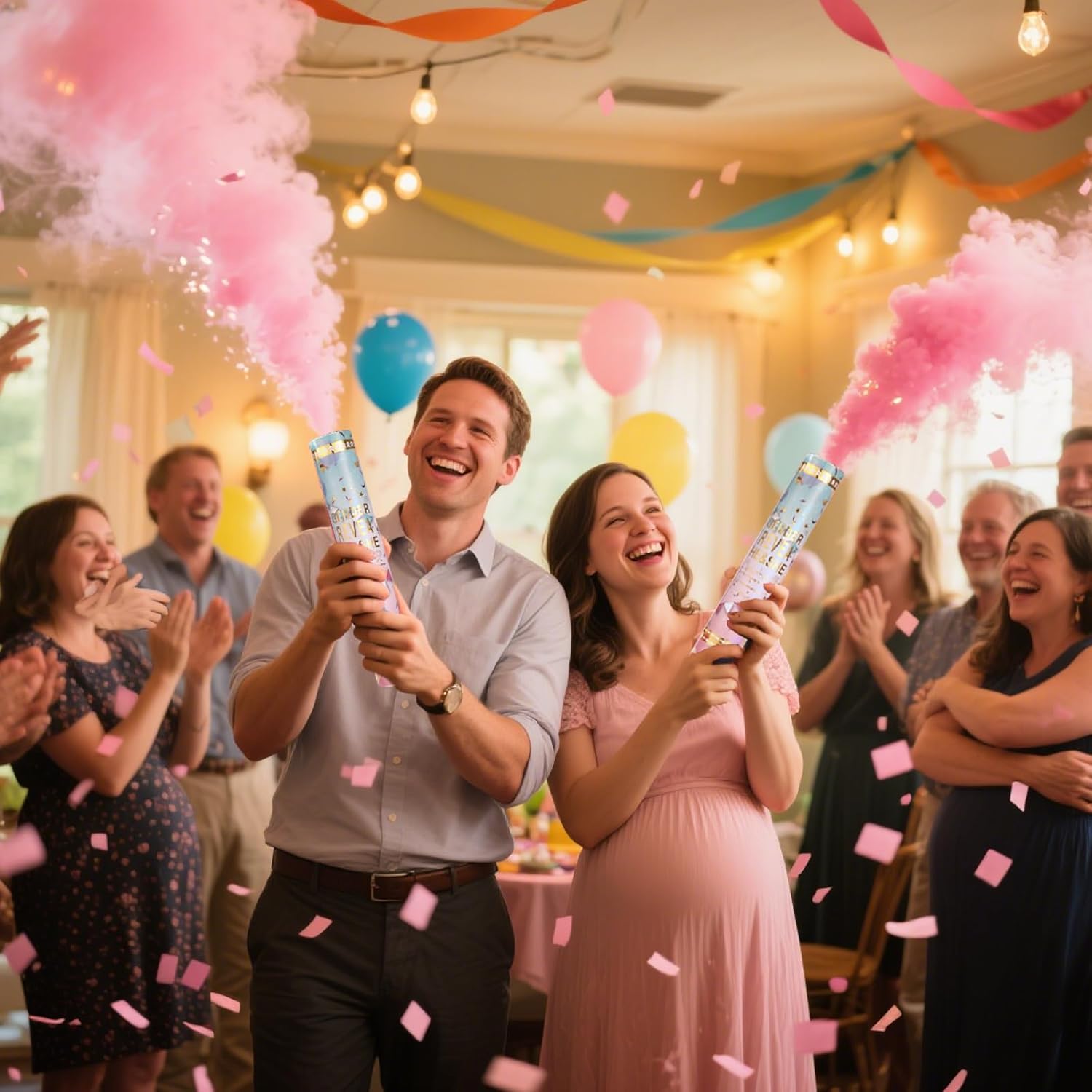 Previvo Gender Reveal Confetti Powder Cannon - 2 Pack Pink Baby Gender Reveal Poppers - 100% Biodegradable Powder Smoke - Baby Party Supplies