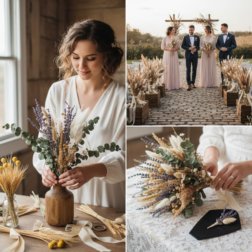 500PCS Dried Pampas Grass Bouquet – Boho Dried Flowers for Vase, White & Brown Pampas, Bunny Tails, Eucalyptus, Wheat & Lavender – Natural Floral Decor for Home, Wedding, Baby Shower &Photoshoot Props