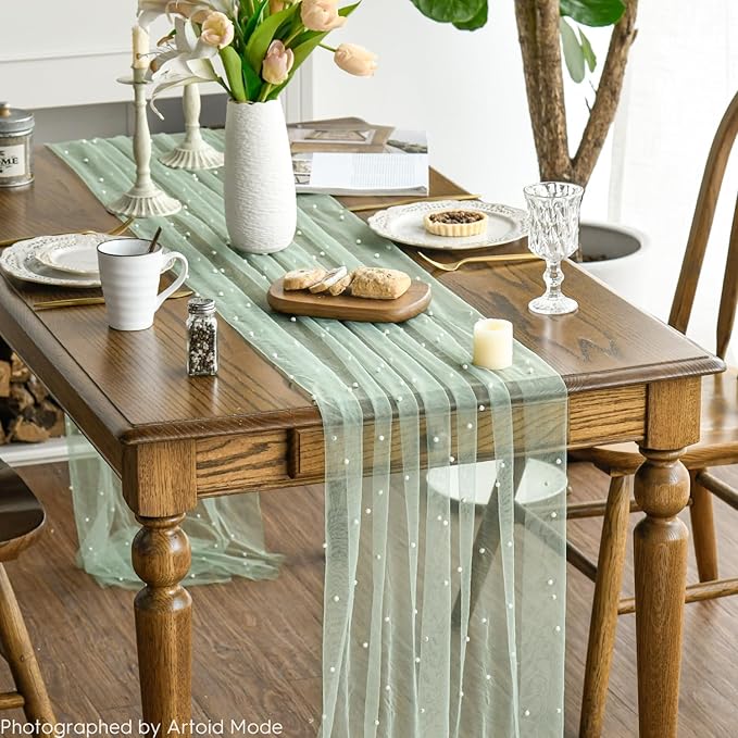 Artoid Mode Pearl Green Gauze Table Runner 120 Inch 10FT, Seasonal Sheer Dining Holiday Wedding Birthday Baby Shower Table Decor for Home Party