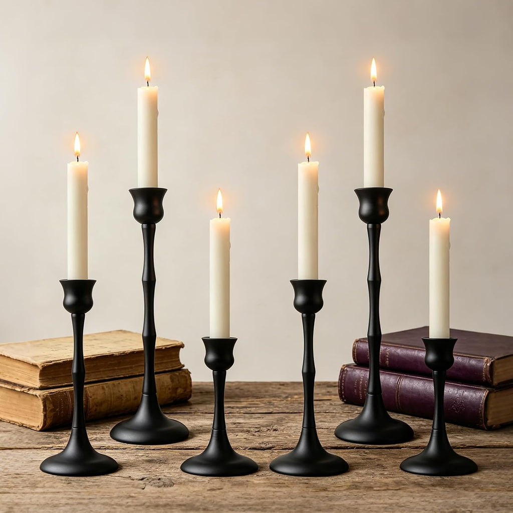 vintage metal candlestick holders, set of 6 black, main product view