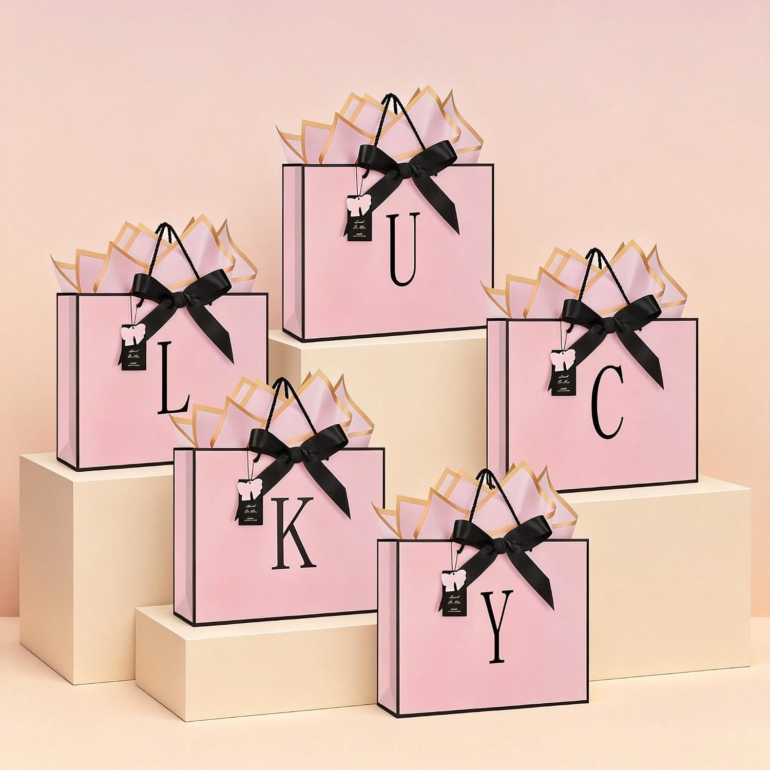 ZUKEPU Birthday Gift Bag, Personalized Initial Pink Gift Bags for Women & Girls, Medium Valentines Gift Paper Bags with Card and Tissue Paper, Stands up perfectly for Weddings, Party & All Holidays (Pink, A-Medium)