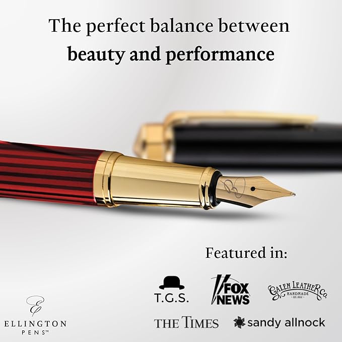 Ellington Pens Luxury Fountain Pen Set- Fountain Pens for Writing - Smooth Medium Nib - Includes Refillable Ink Converter, 3 Ink Cartridges [Black & Blue], Gift Box - Elegant Calligraphy