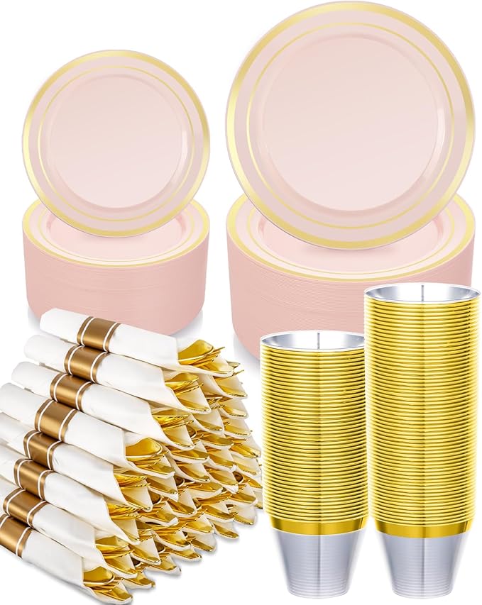 350PCS Pink Plastic Dinnerware Set, Disposable Party Plates for 50 Guests, Include: 100 Pink and Gold Plastic Plates, 50 Pre Rolled Napkins with Gold Silverware, 50 Cups for Wedding, Christmas