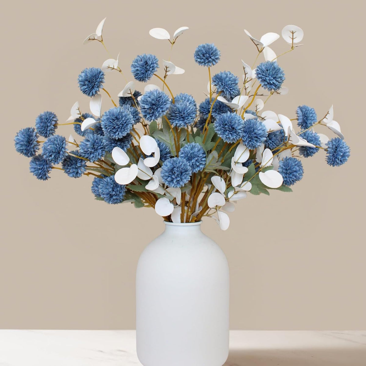 faux dusty blue flowers, 12 blue and white, front angle view
