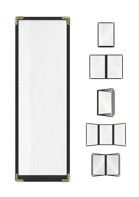 Goodsmart Restaurant Menu Covers - 25 Pack Black 1-Page/2-View 4.25" x 14", Top-Loading Vinyl Menu Holders with Clear Sleeves, Double-Stitched Edge, Leather-Style Café Covers with Gold Corners