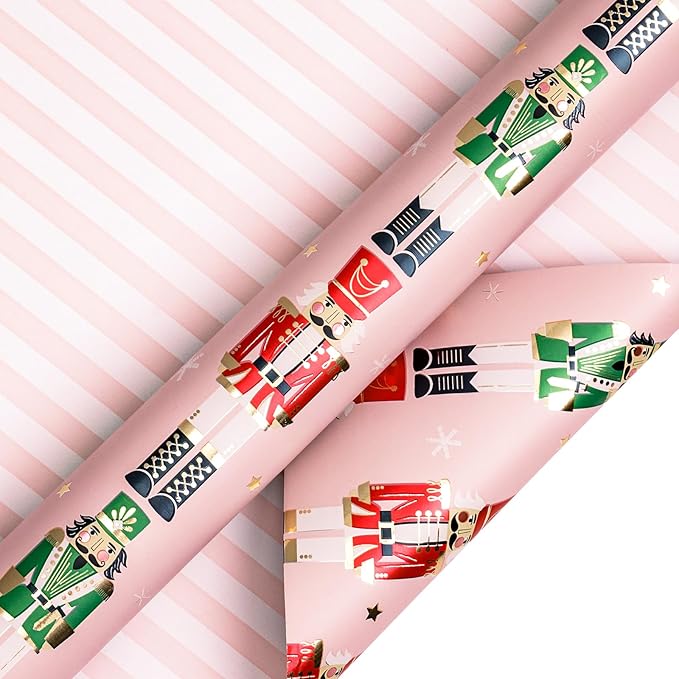 LeZakaa Christmas Pink Wrapping Paper Mini Roll for Kids, Pink Metallic Foil Gift Wrap Paper with Red & Green Nutcracker Soldier & Stripe Reversible Design, 17 inches x 32.8 Feet