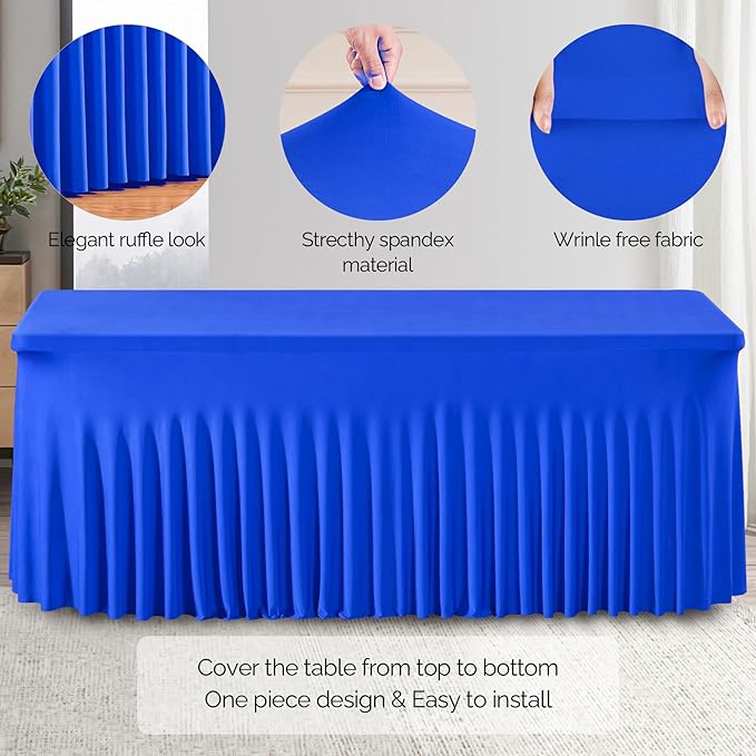 Wish Care 6 Pack Royal Blue Spandex Table Clothes for 6 Foot Rectangle Tables, 6FT Wrinkle Free Fitted Tablecloths Ruffles Design Table Cloth for Party, Banquet, Wedding and Events