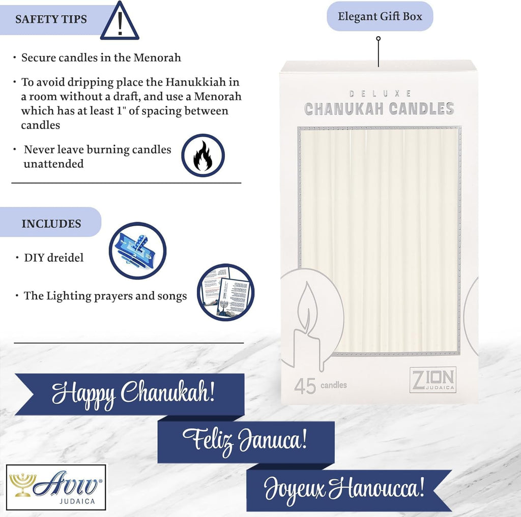 5.25" Premium Dripless Hanukkah Candle Bundle of 45 Solid White Tapered Candles for Standard Chanukah Menorahs Birthday Party Celebration Candles for 8 Nights of Hanukah W/DIY Dreidel