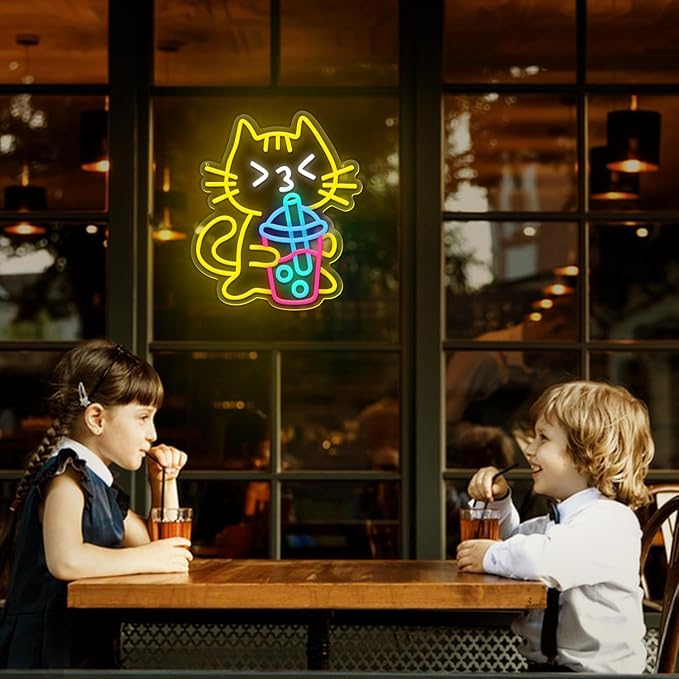 Cat Boba Tea Neon Sign Yellow Cat Led Neon Signs for Wall Decor USB Bubble Tea Neon Light Cute Animal Neon Light Sign for Bedroom Dessert Bar Coffee Shop Kitchen Restaurant Party