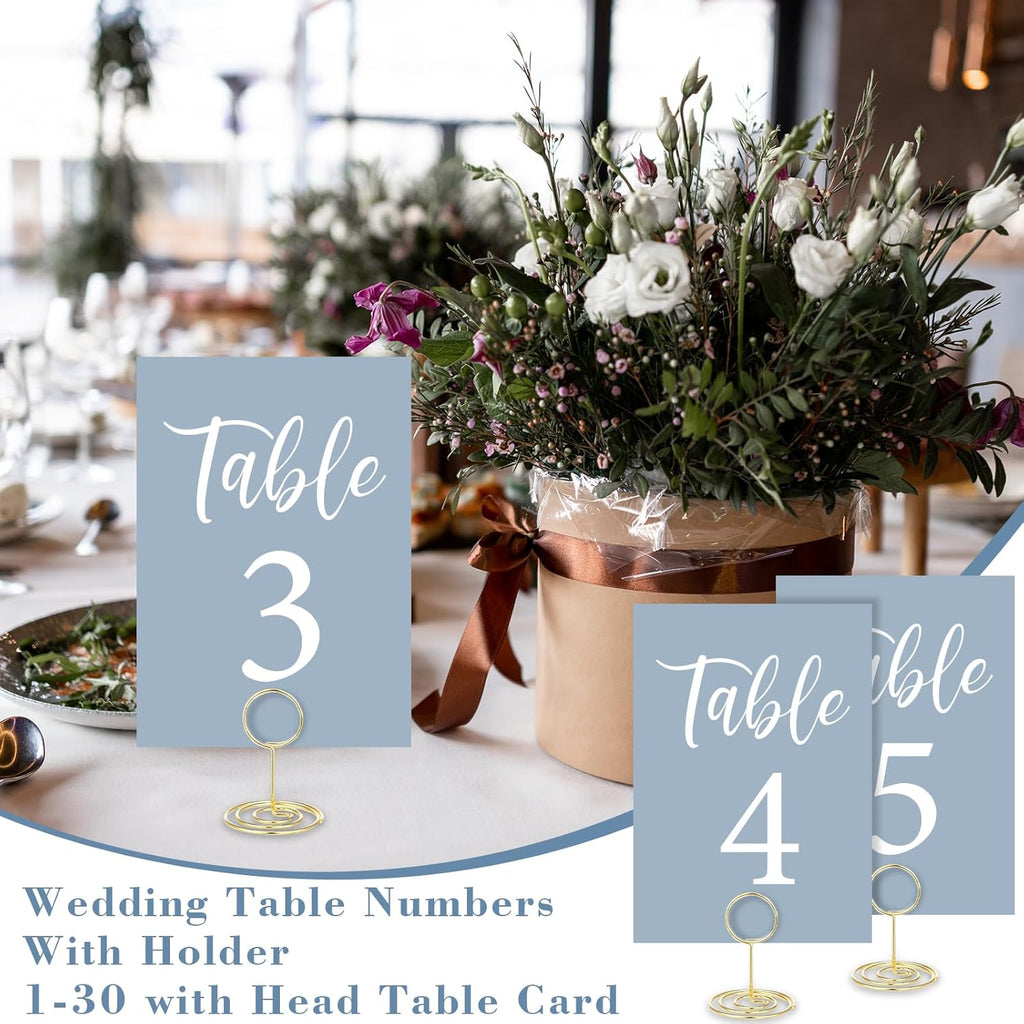 Table Numbers Cards 1-30 Wedding Table Numbers with Holder Table Number Stands Bulk Wedding Table Signs Dusty Blue with Head Table Card for Bridal Shower Wedding Anniversary (Dusty Blue)