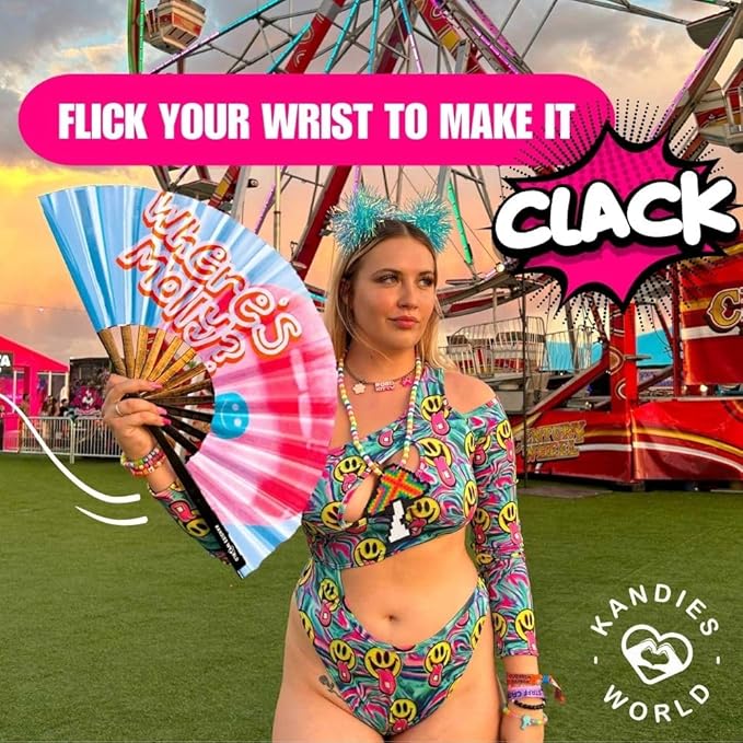 Kandies World UV Reactive Custom Festival Folding Hand Fan - Unique Designs, Made of Bamboo, Clacking Sound, Lightweight - Perfect Rave and Festival Accessory!