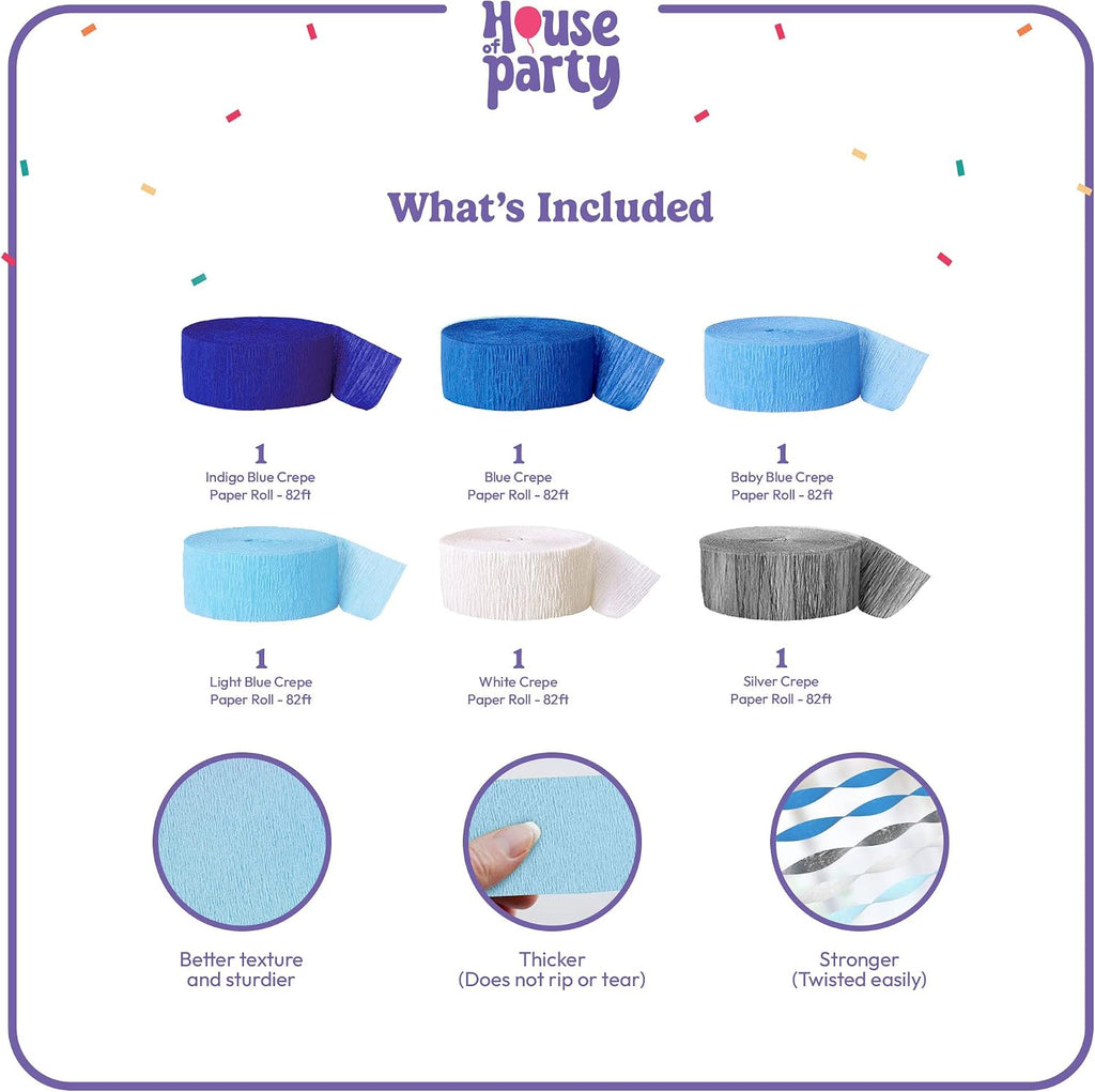 HOUSE OF PARTY Blue Skies Crepe Paper Streamers 6 Crepe Paper Rolls 492ft (1.8 Inch x 82 Ft/Roll) - Pack of 4 Shades of Blue, 1 Silver, 1 White Streamers Party Decorations