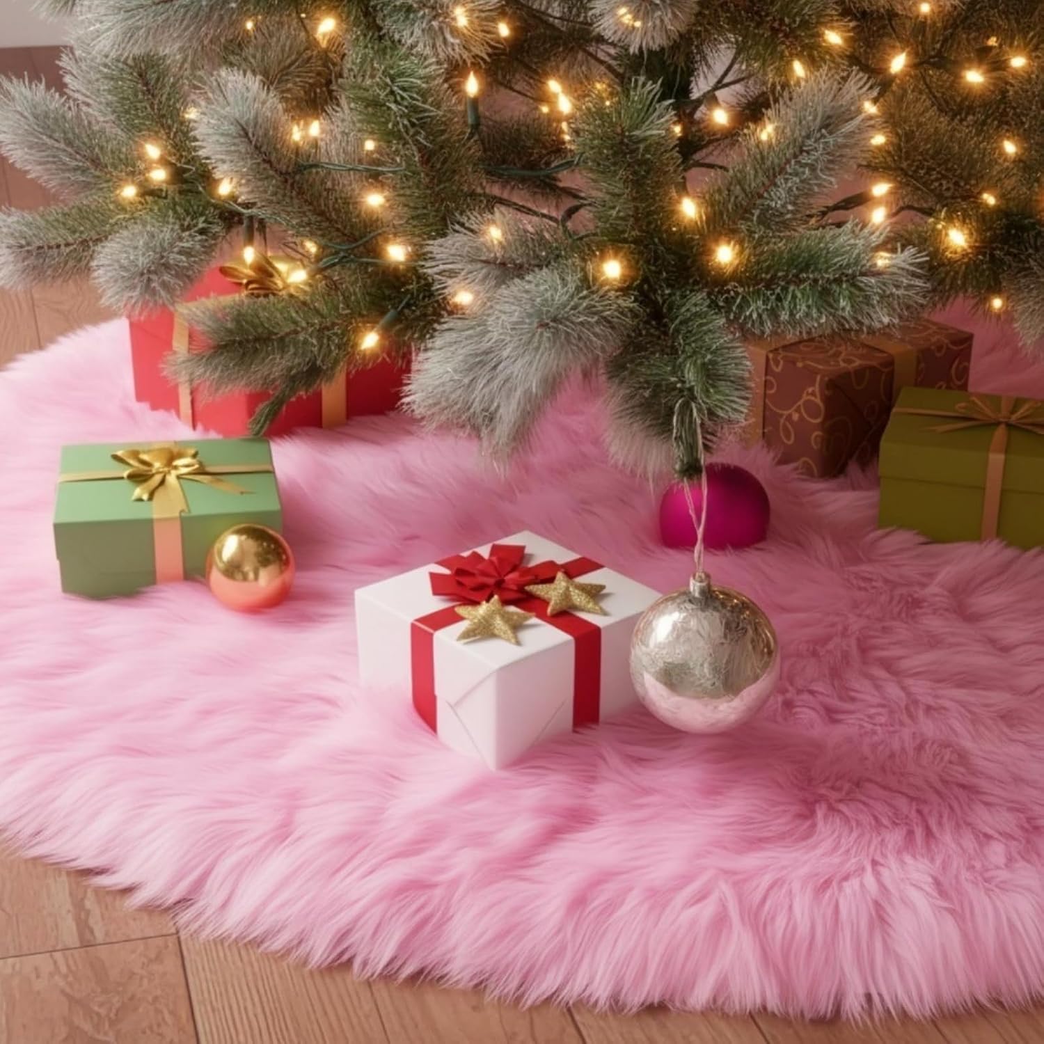 CHICHIC 48 inch Christmas Tree Skirt Faux Fur Xmas Tree Skirt Christmas Decorations Holiday Tree Ornaments Tree Decoration for Christmas Home Decorations, Xmas Party Holiday Decorations, Pink