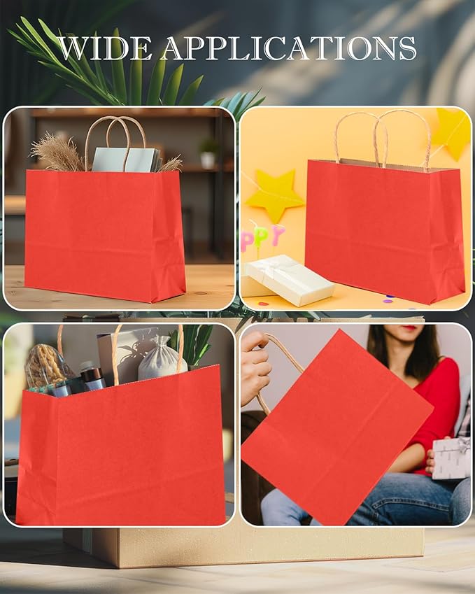 qiqee 100PCS Large Gift Bag with Handles Bulk 13"x4.5"x10" Gift Bags Kraft Red Multiple Uses (32x11x25cm,Wide Large)