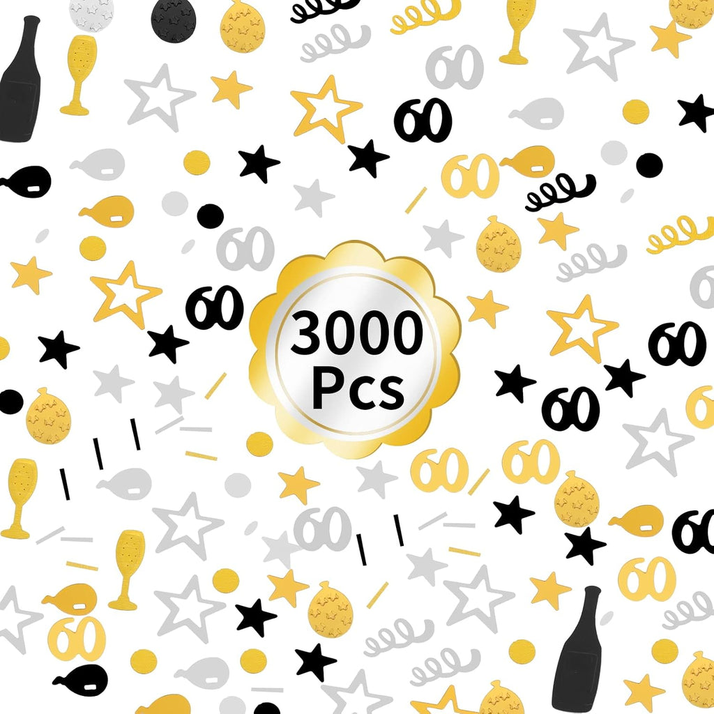 3000 Pieces Birthday Confetti Number 60 Glitter Confetti Birthday Cake Confetti Table Confetti Black Gold and Silver Party Decorations Supplies for Birthday, Anniversary (60th Style)