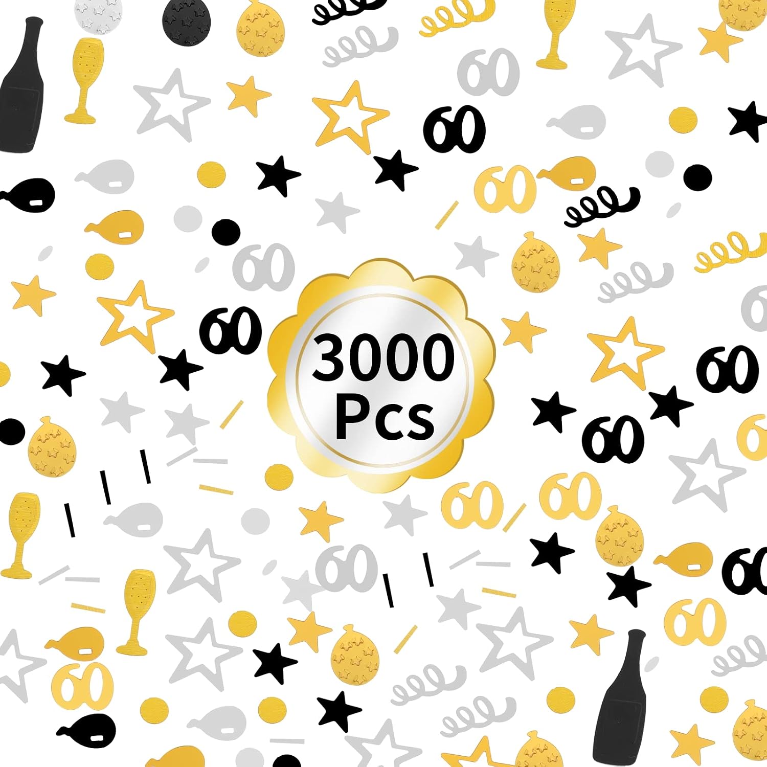 3000 Pieces Birthday Confetti Number 60 Glitter Confetti Birthday Cake Confetti Table Confetti Black Gold and Silver Party Decorations Supplies for Birthday, Anniversary (60th Style)