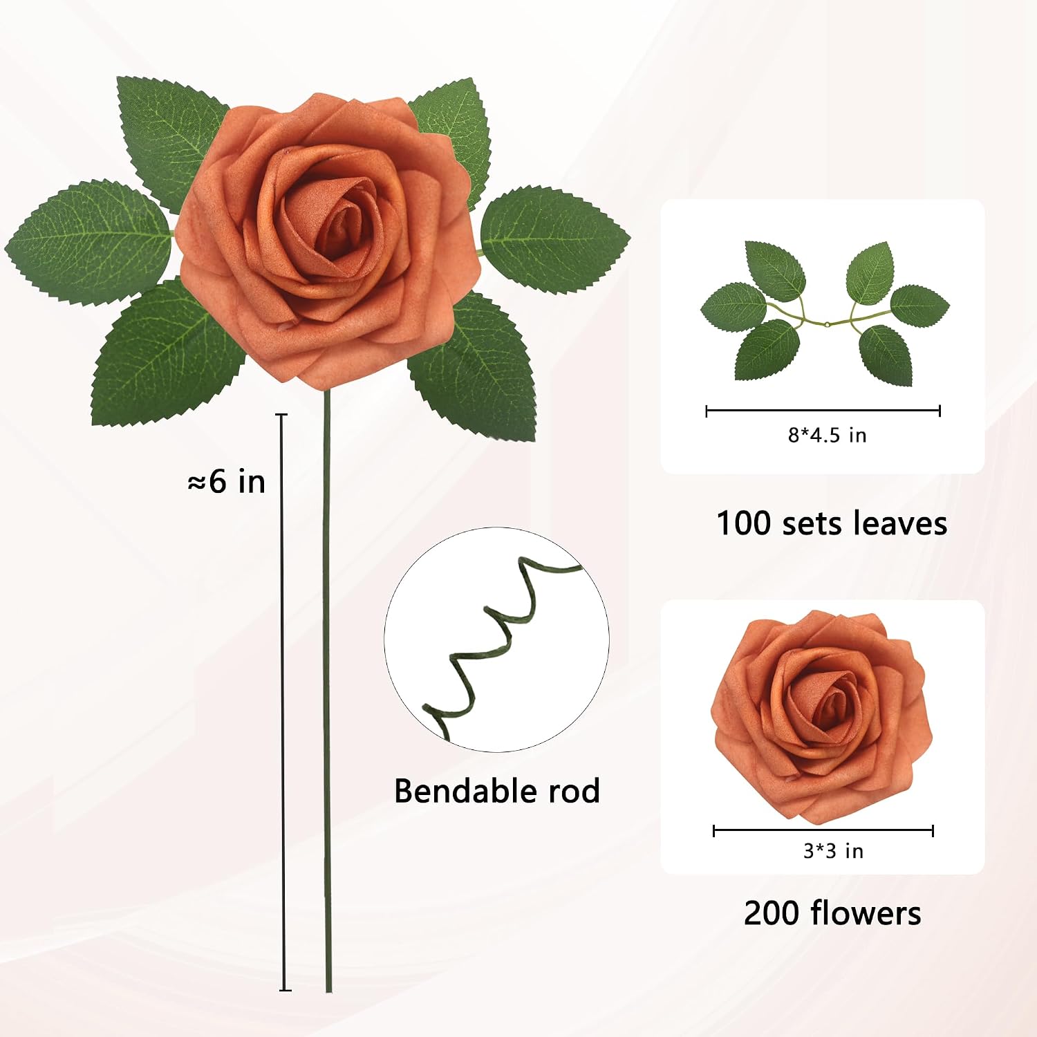 Artificial Flowers Realistic Roses, Real Looking Fake Roses with Stem for DIY Wedding Bouquets Centerpieces Bridal Shower Party Home Romantic Decorations (Burnt Orange, Regular 3" - 200pcs)